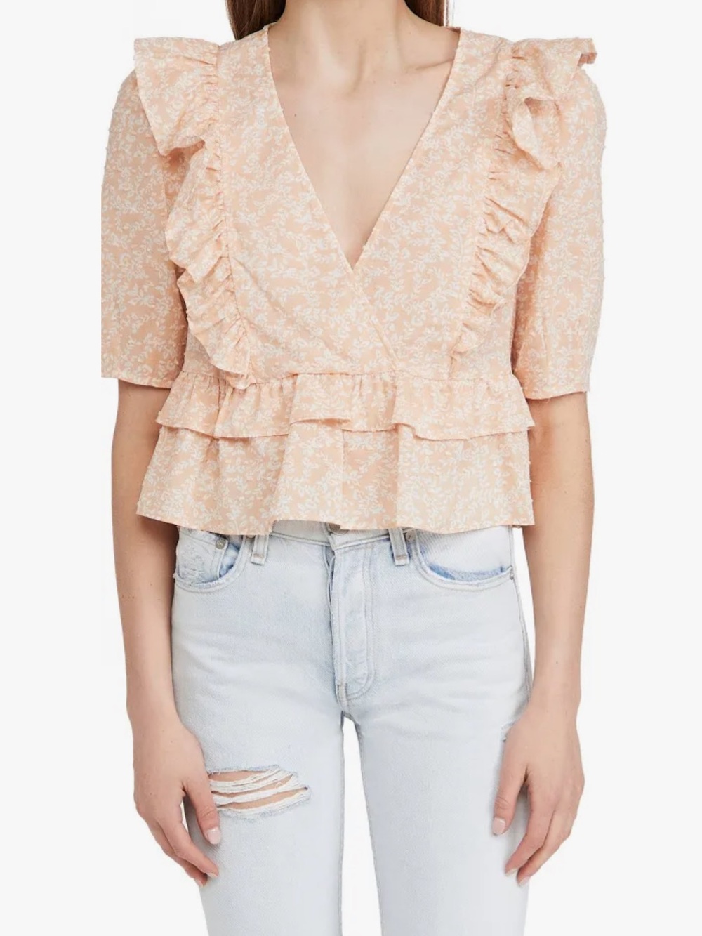 NWT Wayf | Women’s Peach/White Floral Navi Ruffle V-Neck Peplum Hem Blouse Top M